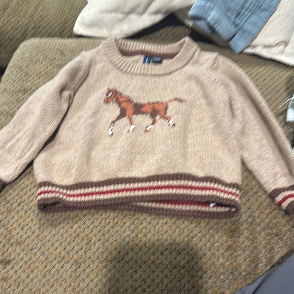 Janie and Jack Cream and Brown Knit Sweater with Horse Design